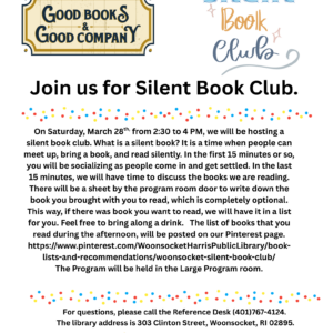 Flyer advertising the silent book club on Saturday, March 28 from 2:30-4 pm.