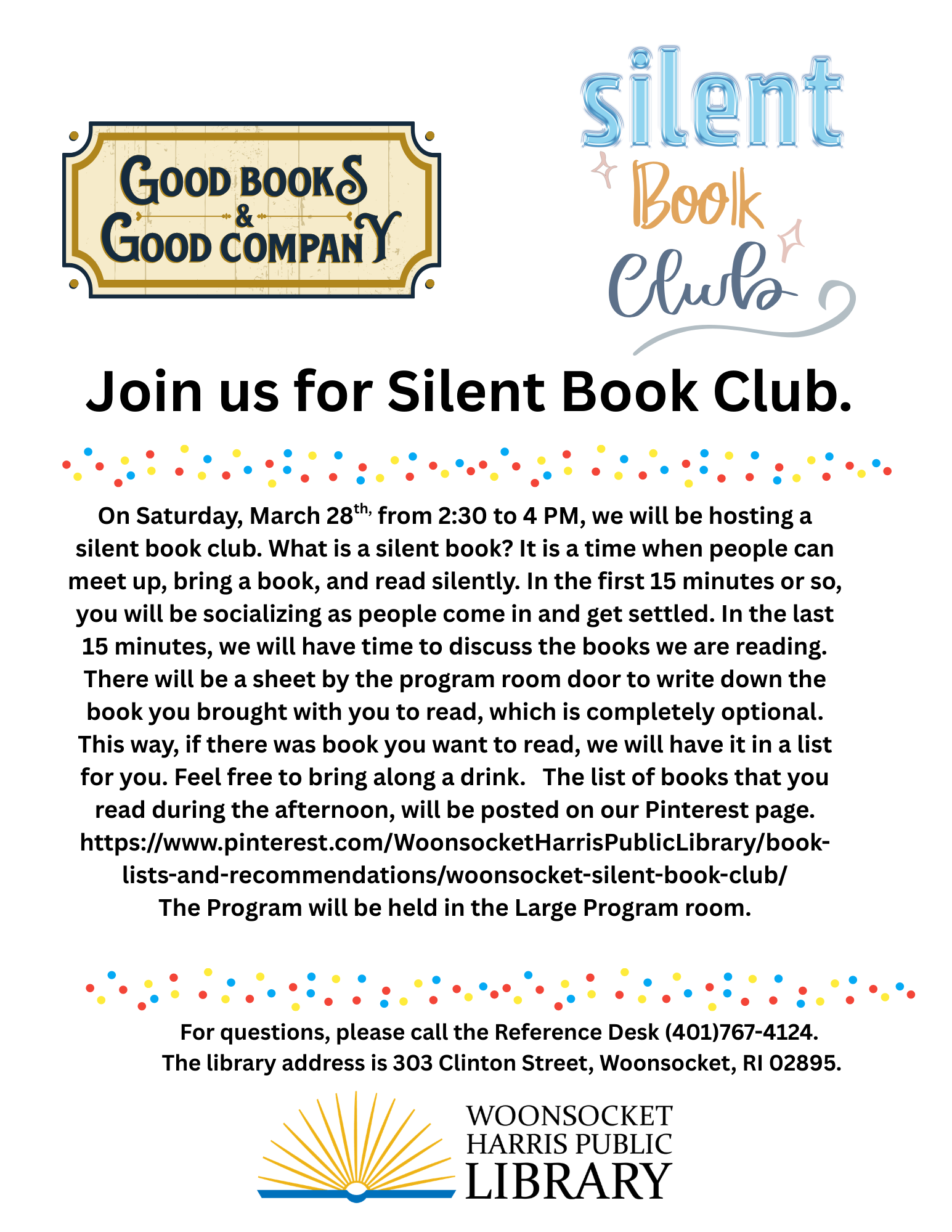 Flyer advertising the silent book club on Saturday, March 28 from 2:30-4 pm.
