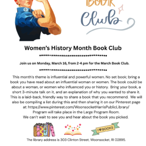 Book club flyer advertising Women's History Month Book Club on Monday, March 16 from 2-4pm.