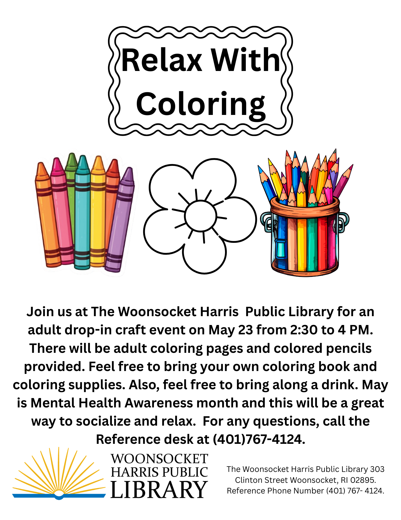 Flyer advertising the Relax with Coloring program for adults at the library on Saturday, May 23 from 2:30-4PM.