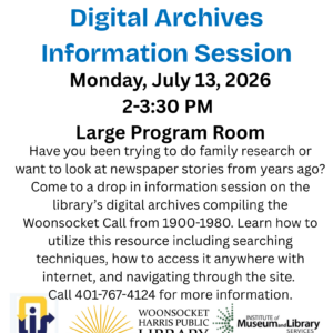Flyer for a library program on Monday, July 13 from 2-3:30pm.