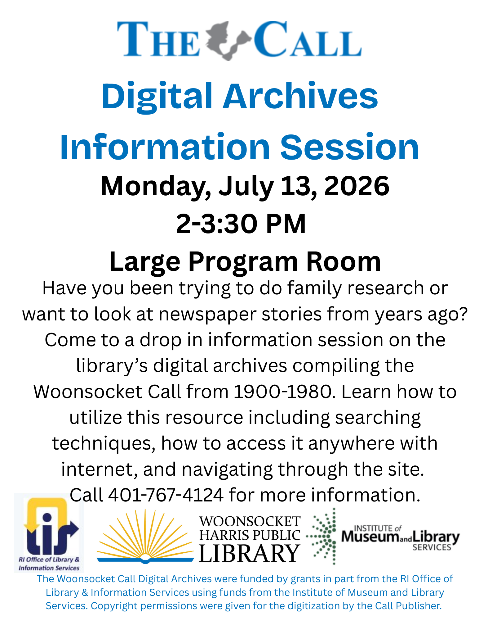 Flyer for a library program on Monday, July 13 from 2-3:30pm.