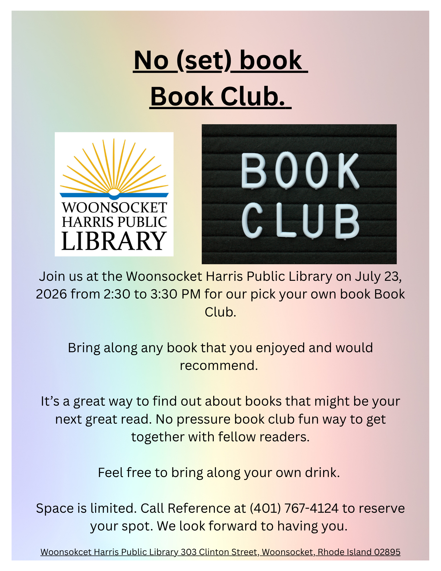 Flyer advertising the July 2026 Adult book club on Thursday, July 23.
