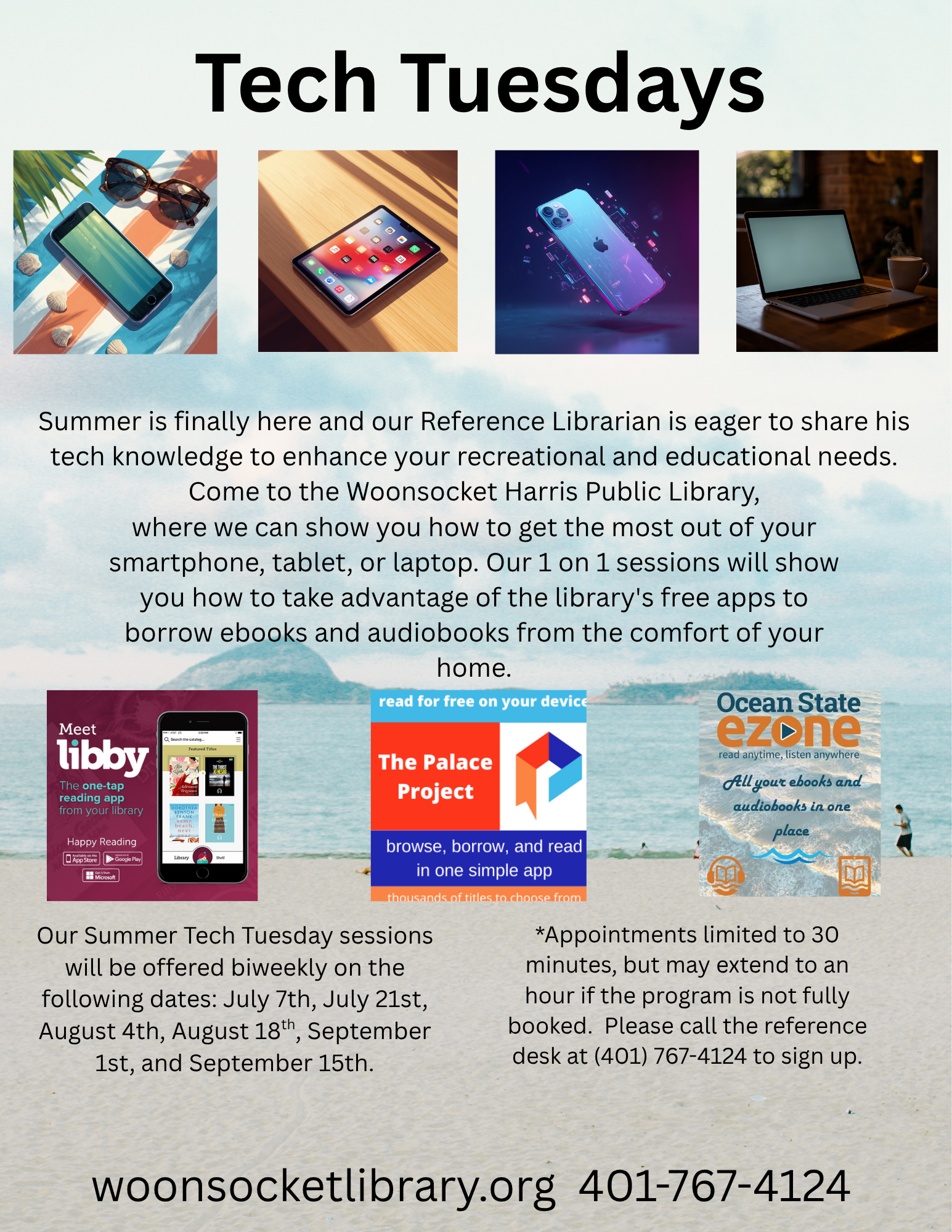 Flyer advertising the Summer 2026 Tech Tuesday sessions at the library.