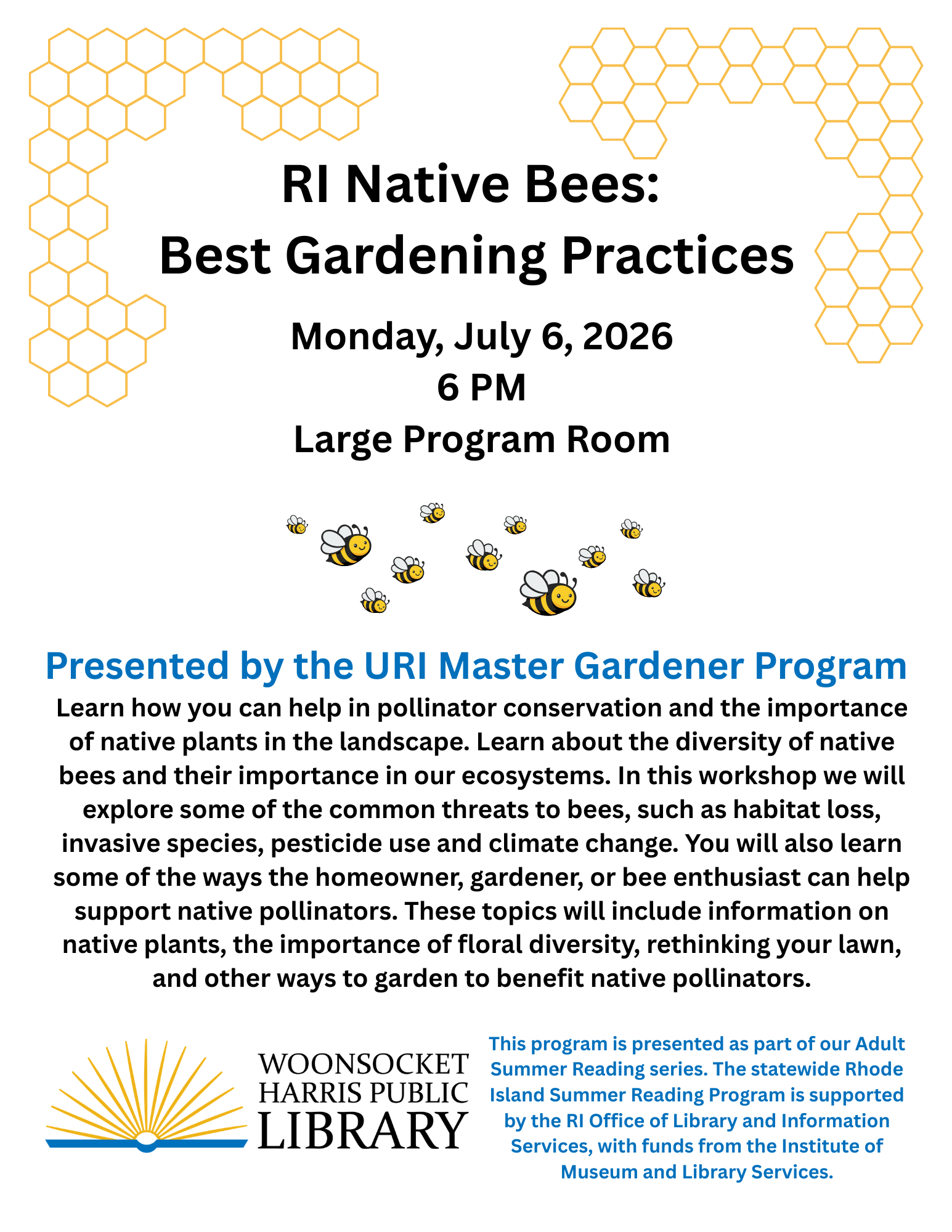 Flyer advertising the URI Master Gardener program on RI Native Bees at the library on July 6, 2026 at 6 PM.