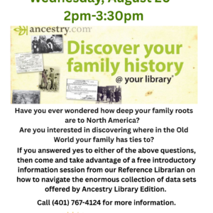 Flyer advertising the information session on how to use Ancestry Library edition held on Wednesday, August 26.