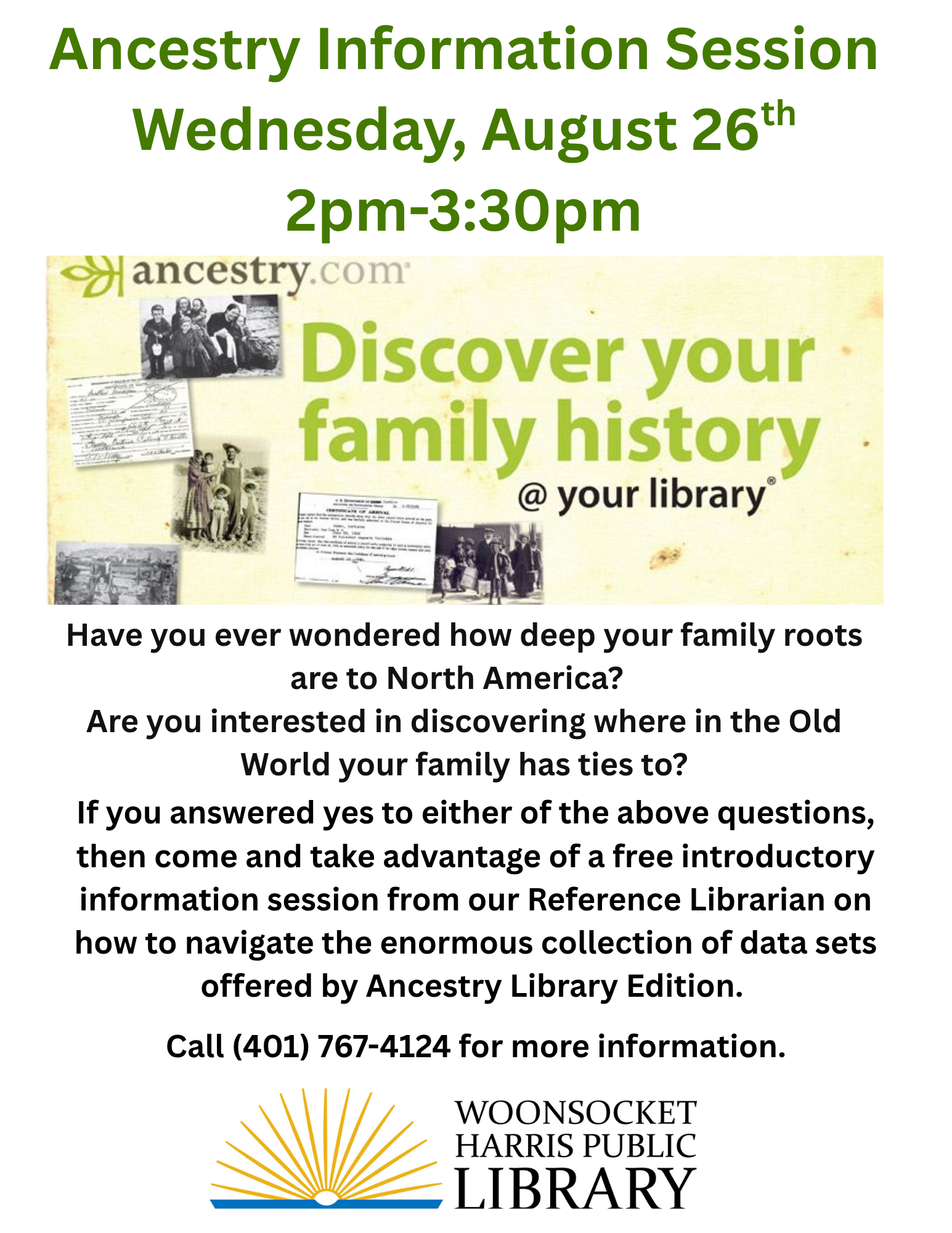 Flyer advertising the information session on how to use Ancestry Library edition held on Wednesday, August 26.