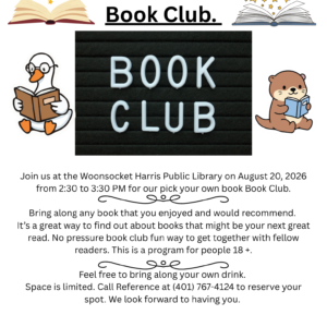 Flyer advertising Adult Book Club on August 20 from 2:30 to 3:30pm.