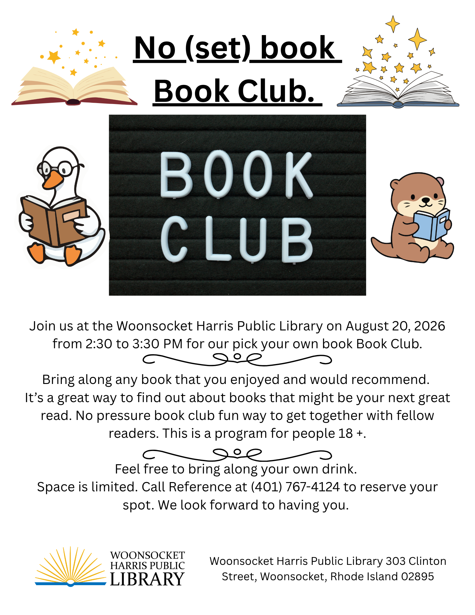Flyer advertising Adult Book Club on August 20 from 2:30 to 3:30pm.
