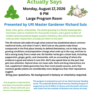 Flyer advertising the presentation on herbs program by the URI Master Gardener Program on Monday, August 17 at 6pm.