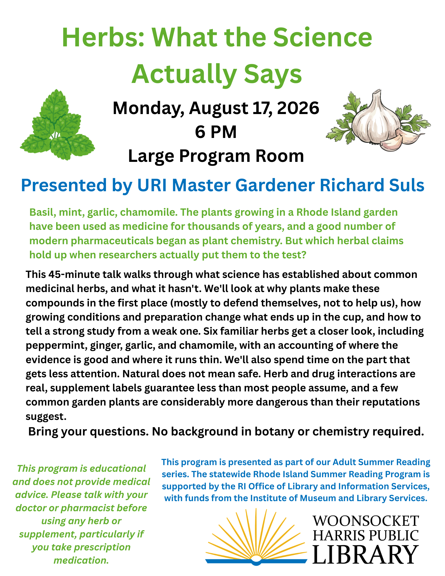 Flyer advertising the presentation on herbs program by the URI Master Gardener Program on Monday, August 17 at 6pm.