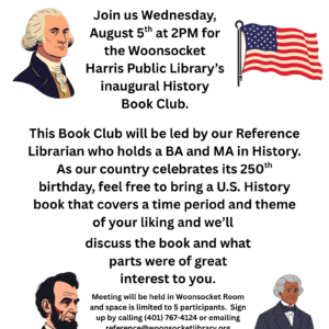 Flyer advertising History Book Club on August 5 at 2pm.