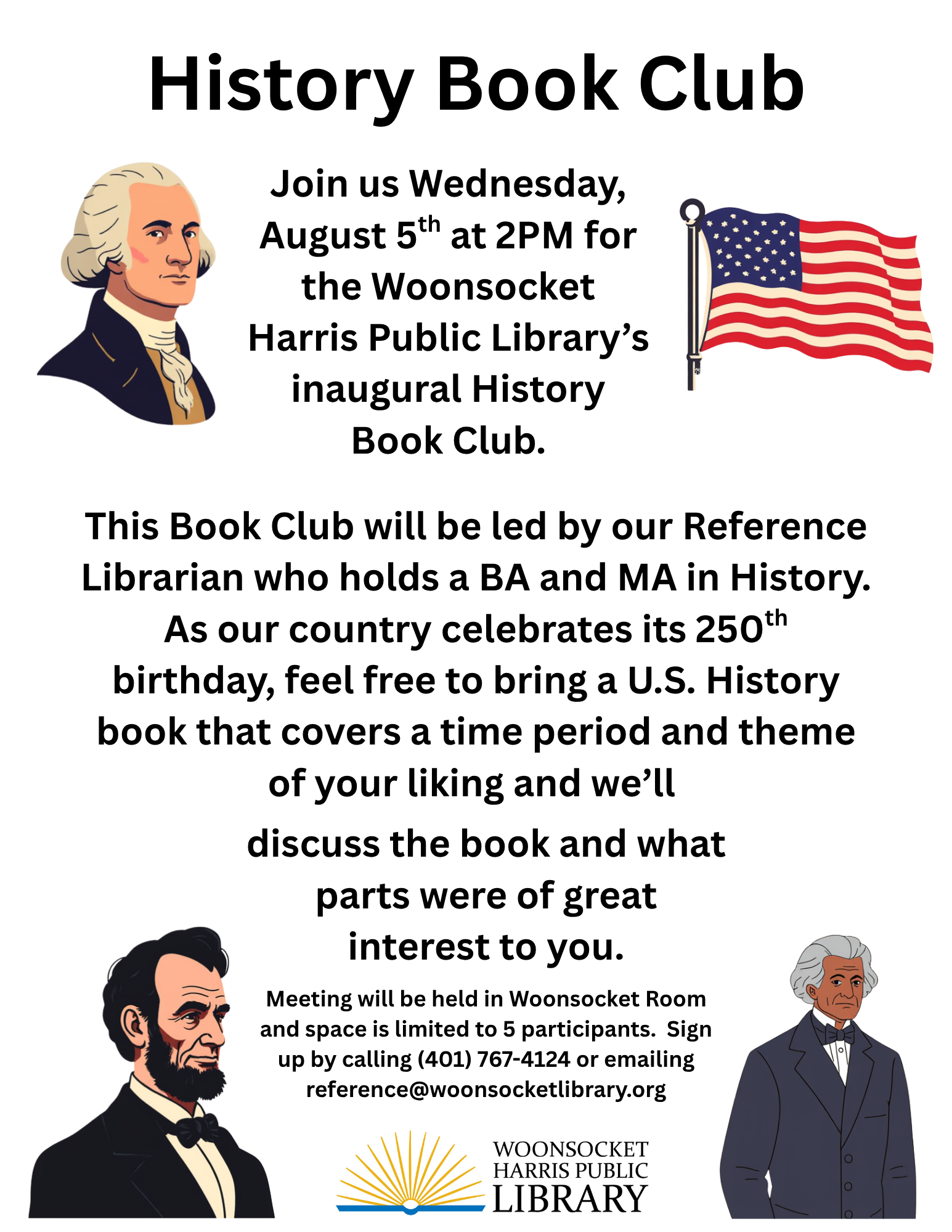 Flyer advertising History Book Club on August 5 at 2pm.