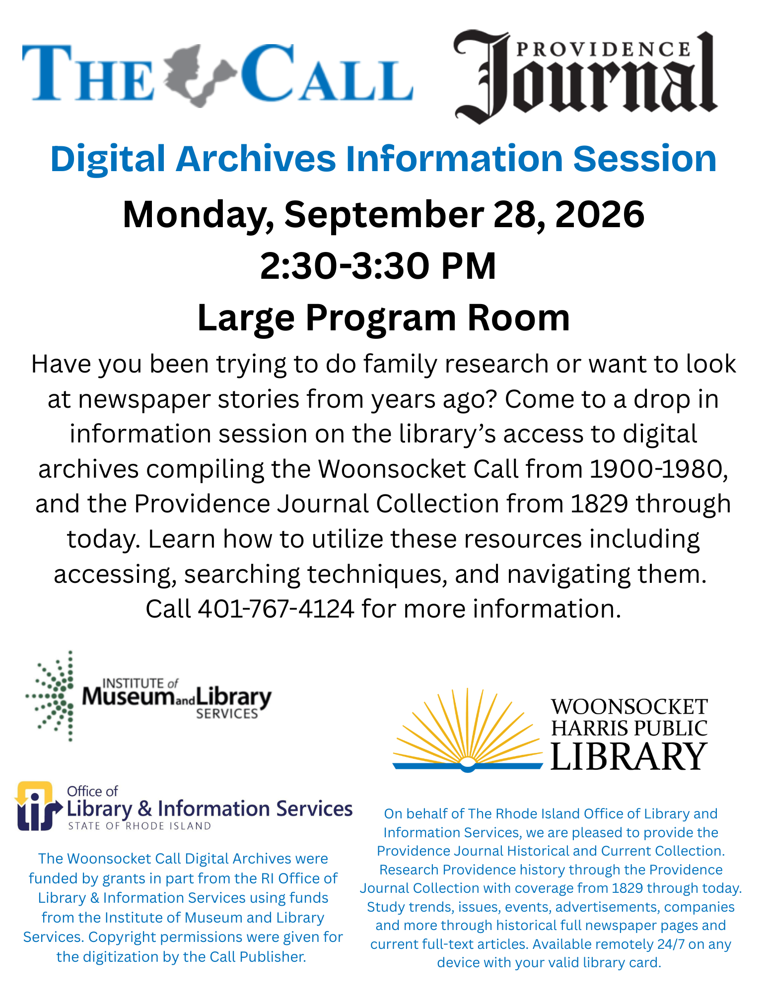 Flyer advertising info session on accessing the library's Woonsocket Call and Projo online archives on Monday, September 28, 2026.