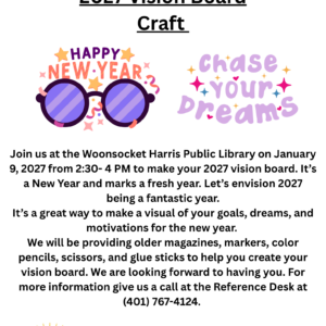 Flyer advertising 2027 Vision Board Craft program on January 9.