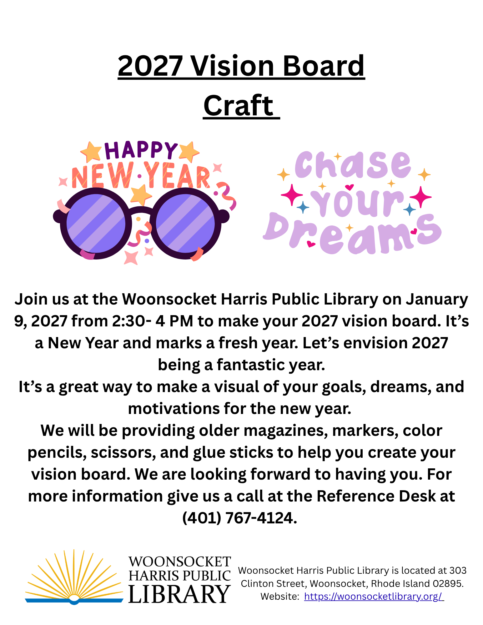 Flyer advertising 2027 Vision Board Craft program on January 9.