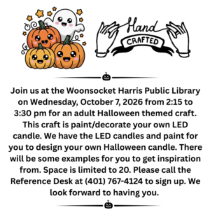 Flyer advertising an Adult Halloween Craft at the library painting LED candles on Wednesday, October 7.