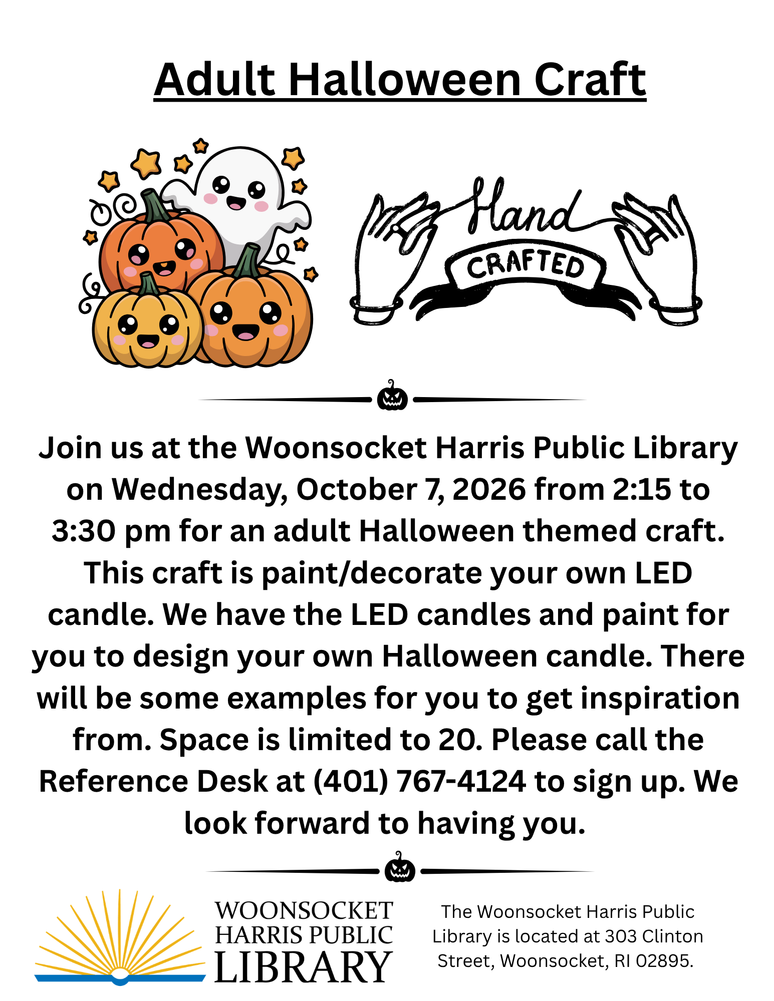 Flyer advertising an Adult Halloween Craft at the library painting LED candles on Wednesday, October 7.