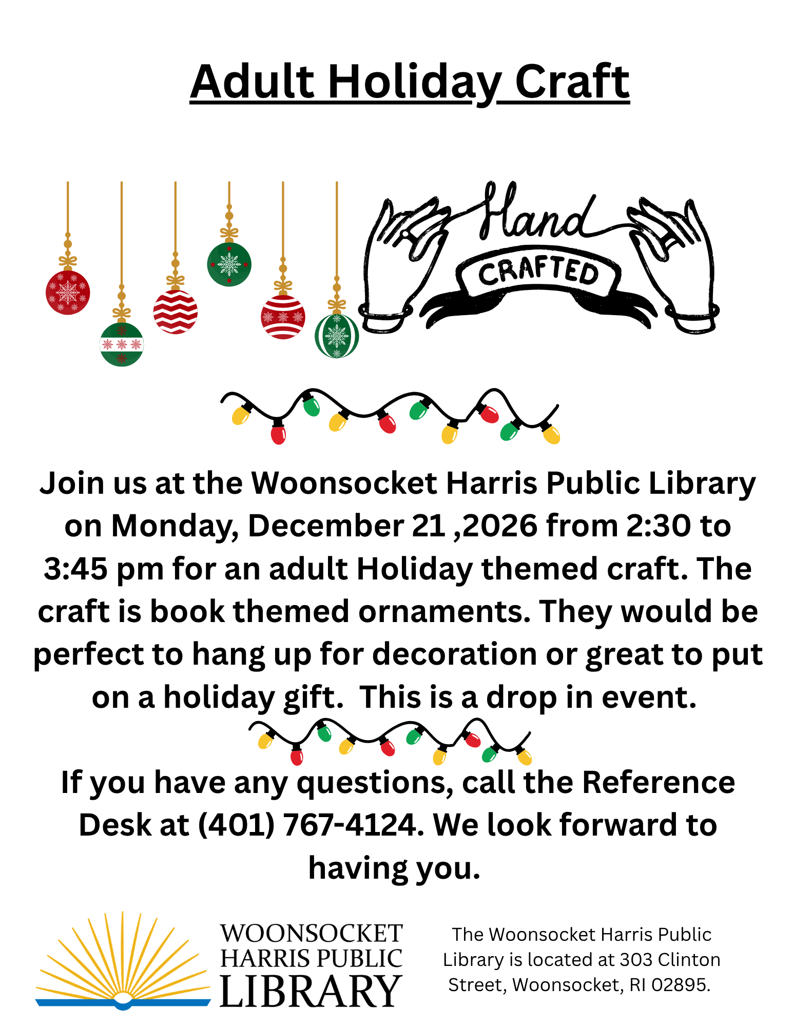 Flyer advertising Adult Holiday themed book ornament craft on Monday, December 21.