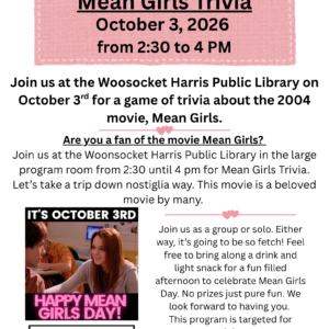 Flyer advertising Mean Girls Day Trivia event at the library on October 3.