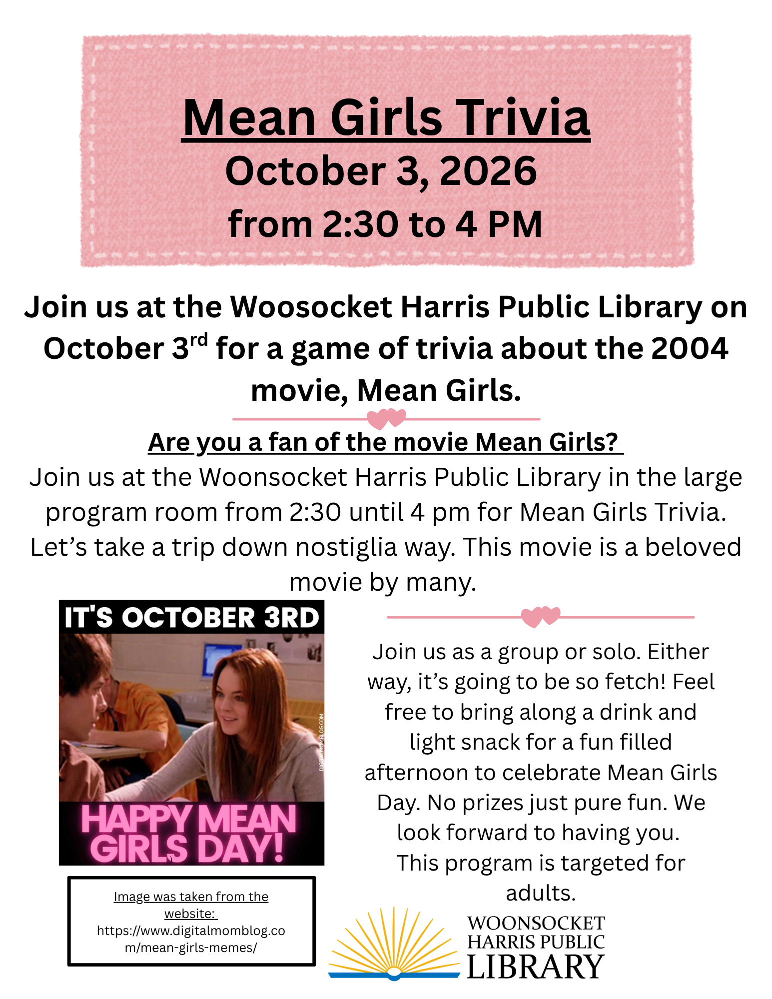 Flyer advertising Mean Girls Day Trivia event at the library on October 3.