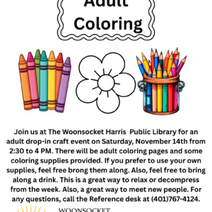 Flyer advertising Adult Coloring program on November 14.