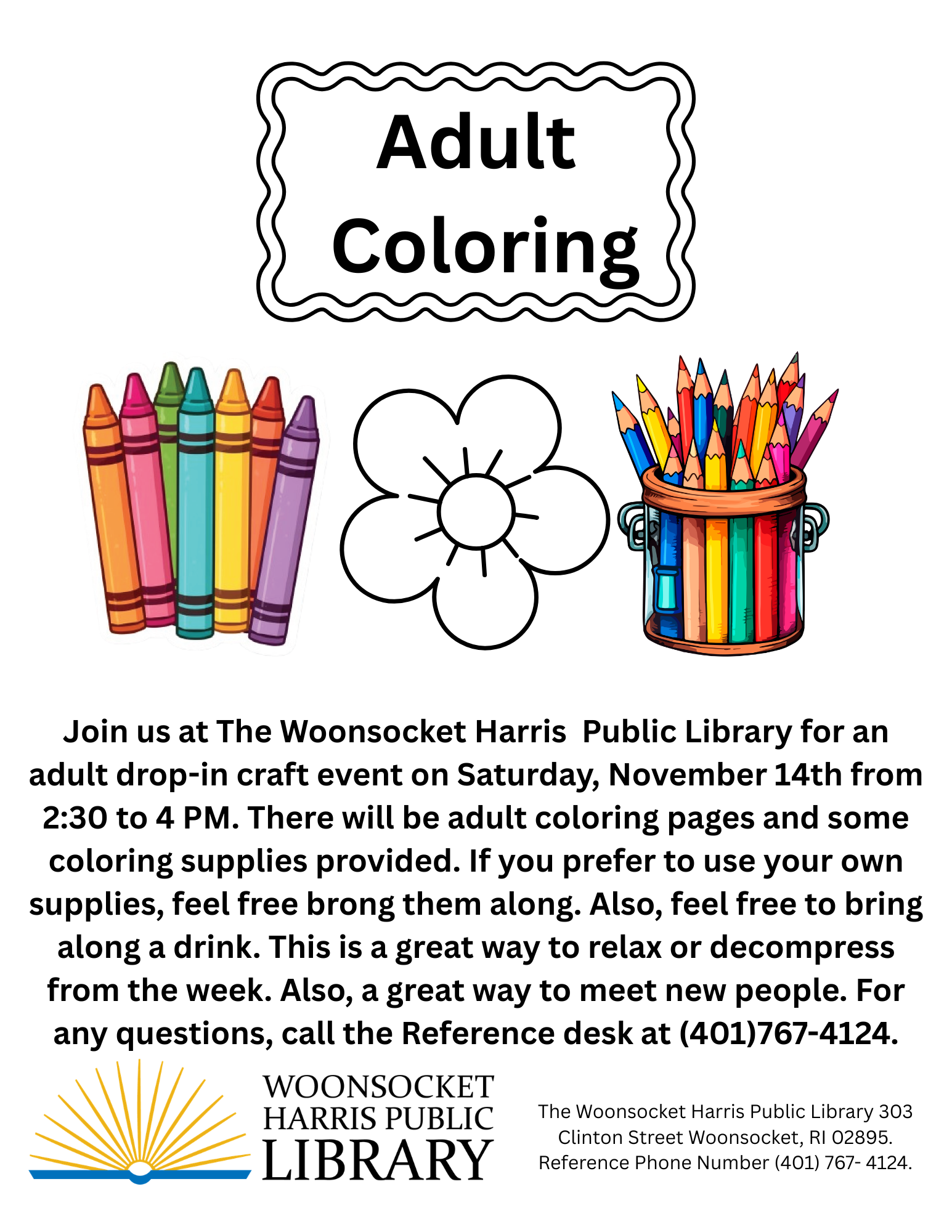 Flyer advertising Adult Coloring program on November 14.