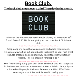 Flyer advertising the November Adult Book club on November 19.