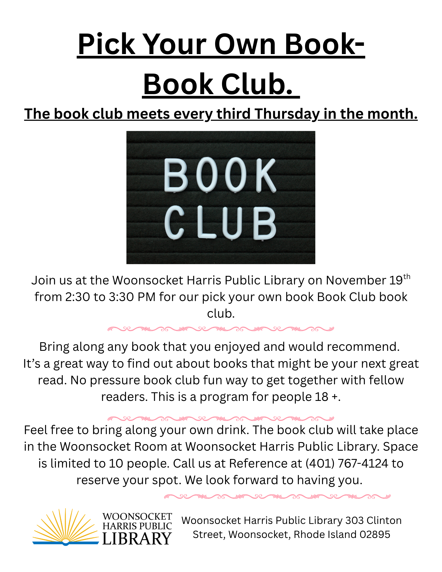 Flyer advertising the November Adult Book club on November 19.