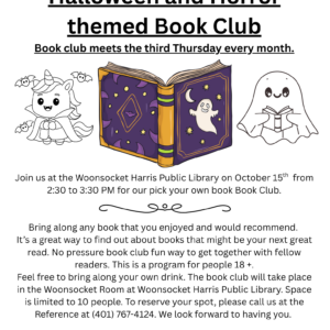 Flyer advertising the Halloween and Horror themed adult book club for October 15.