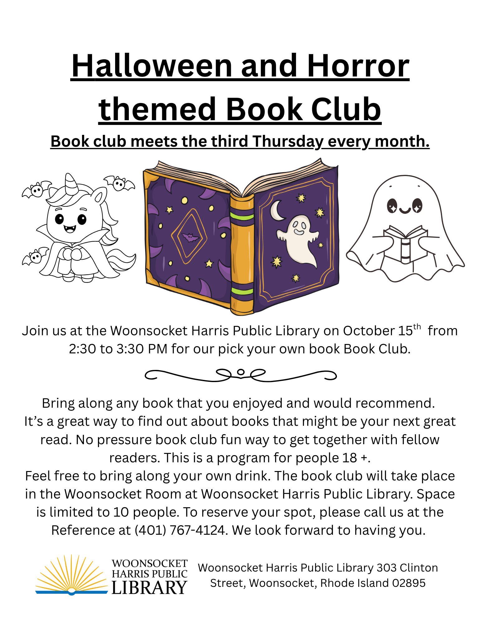 Flyer advertising the Halloween and Horror themed adult book club for October 15.