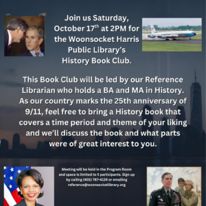 Flyer advertising History Book Club at the library on Saturday, October 27.