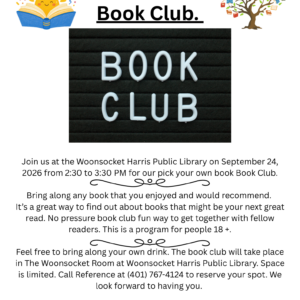 Flyer advertising the September Adult Book club in the library on September 24.
