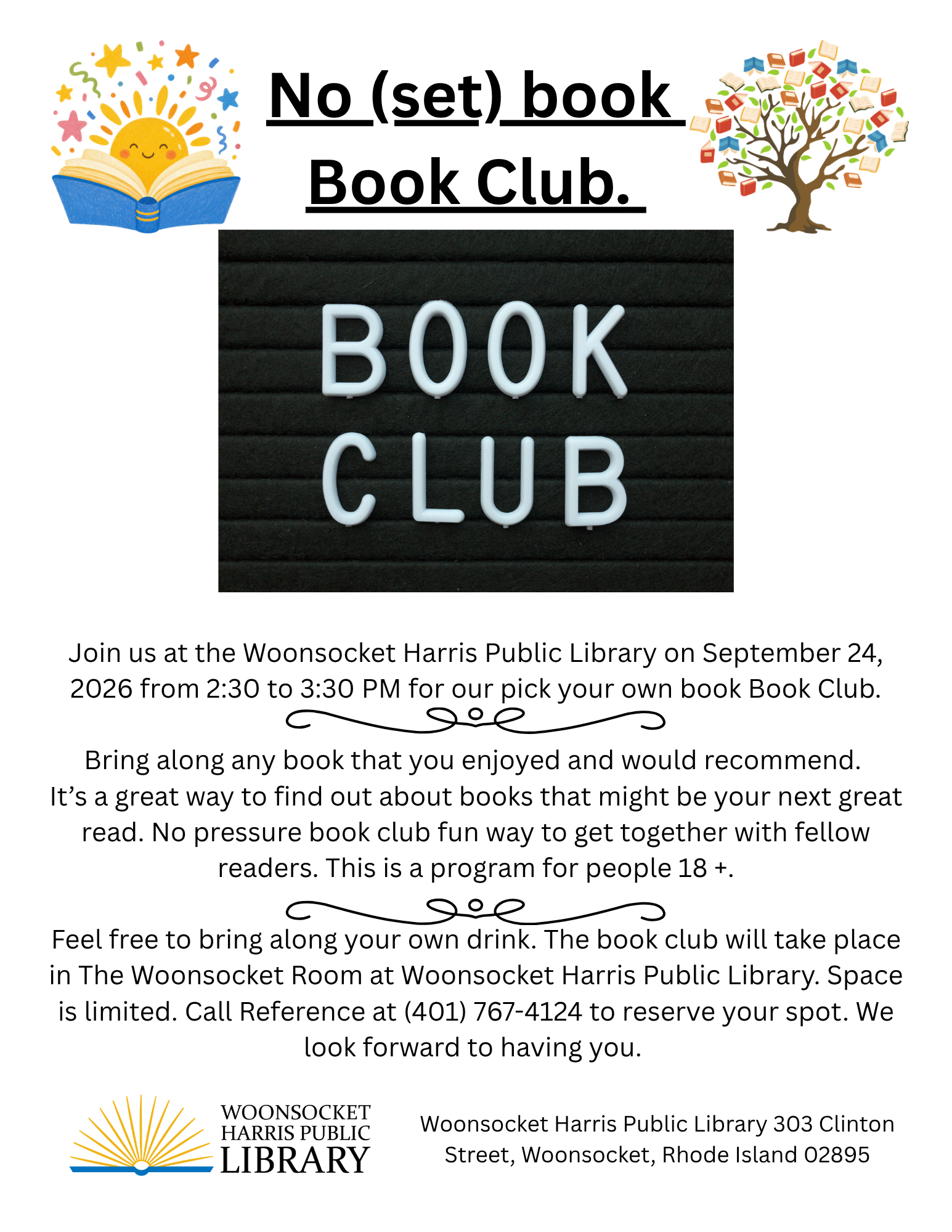 Flyer advertising the September Adult Book club in the library on September 24.